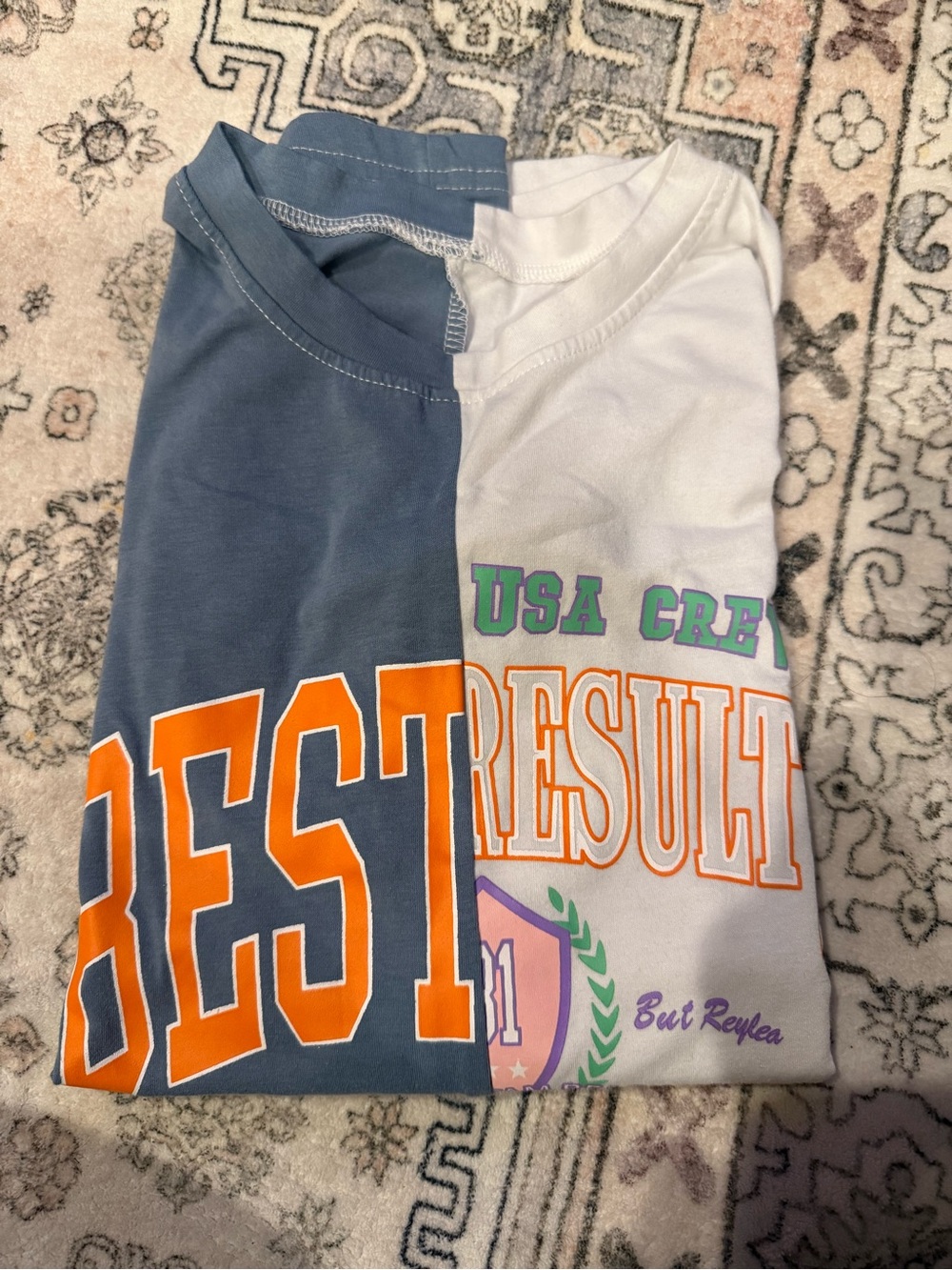 SHEIN Two-Tone Graphic Tee in Blue and White with Orange Accents
